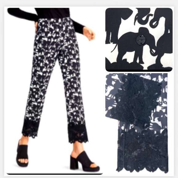 MarcCain Black and White Patterned Cropped Pants With Lace Trim NWT